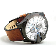 Diesel Mega Chief Chronograph White Dial Brown Leather Strap Watch For Men - DZ4280