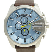 Diesel Mega Chief Chronograph Blue Dial Brown Leather Strap Watch For Men - DZ4281