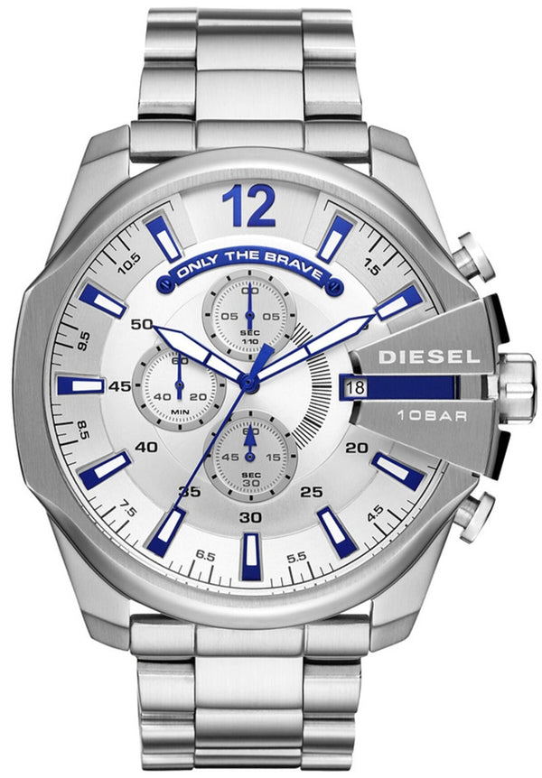 Diesel Mega Chief Chronograph White Dial Silver Steel Strap Watch For Men - DZ4477