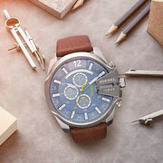 Diesel Mega Chief Chronograph Blue Dial Brown Leather Strap Watch For Men - DZ4281