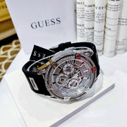 Guess King Quartz Crystals Silver Dial Black Silicone Strap Watch For Men - GW0537G1