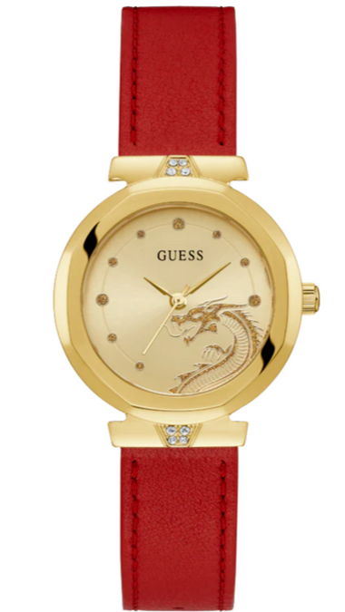 Guess Trend Dragon Gold Dial Red Leather Strap Watch For Women - GW0646L1