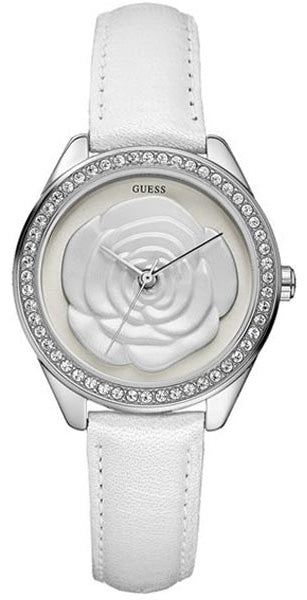 Guess Rosette Analog White Dial White Leather Strap Watch For Women - W75043L1
