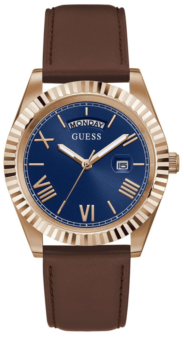 Guess Connoisseur Blue Dial Brown Leather Strap Watch For Men - GW0353G2