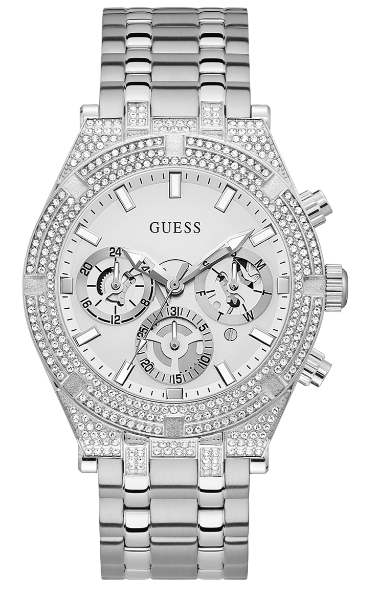 Guess Multi Function Diamonds Silver Dial Silver Steel Strap Watch For Men - GW0455G1