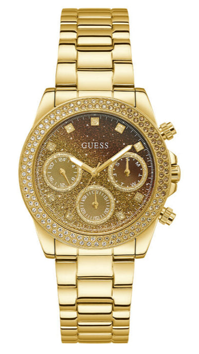 Guess Sol Chronograph Gold Dial Gold Steel Strap Watch For Women - GW0483L2