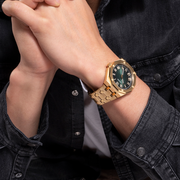 Guess Asset Quartz Green Dial Gold Steel Strap Watch For Men - GW0575G2