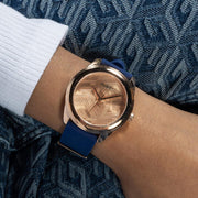 Guess Cubed Analog Rose Gold Dial Blue Leather Strap Watch For Women - GW0665L2