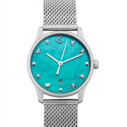 Gucci G-Timeless Turquoise Mother of Pearl Dial Silver Mesh Bracelet Watch For Women - YA126582