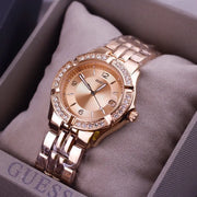 Guess Crystal Diamonds Rose Gold Dial Rose Gold Steel Strap Watch For Women - W11069L1