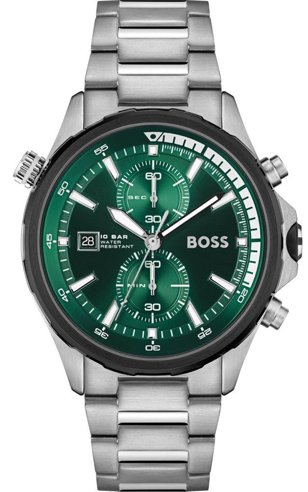 Hugo Boss Globetrotter Chronograph Green Dial Silver Steel Strap Watch for Men - 1513930