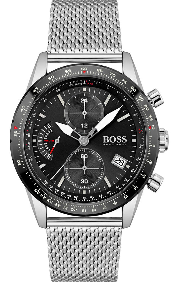 Hugo Boss Pilot Edition Chronograph Black Dial Silver Mesh Bracelet Watch for Men - 1513886