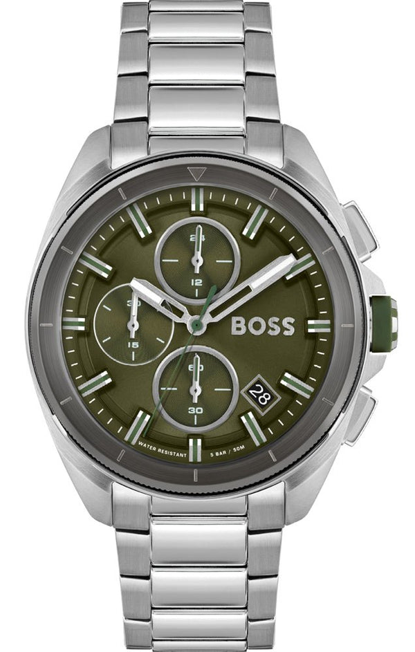 Hugo Boss Volane Chronograph Green Dial Silver Steel Strap Watch for Men - 1513951