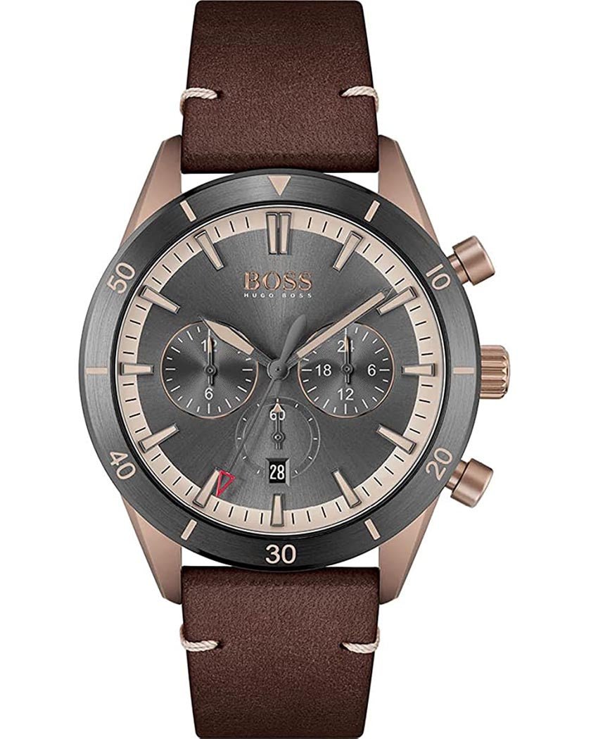 Hugo Boss Santiago Chronograph Grey Dial Brown Leather Strap Watch for Men - 1513861