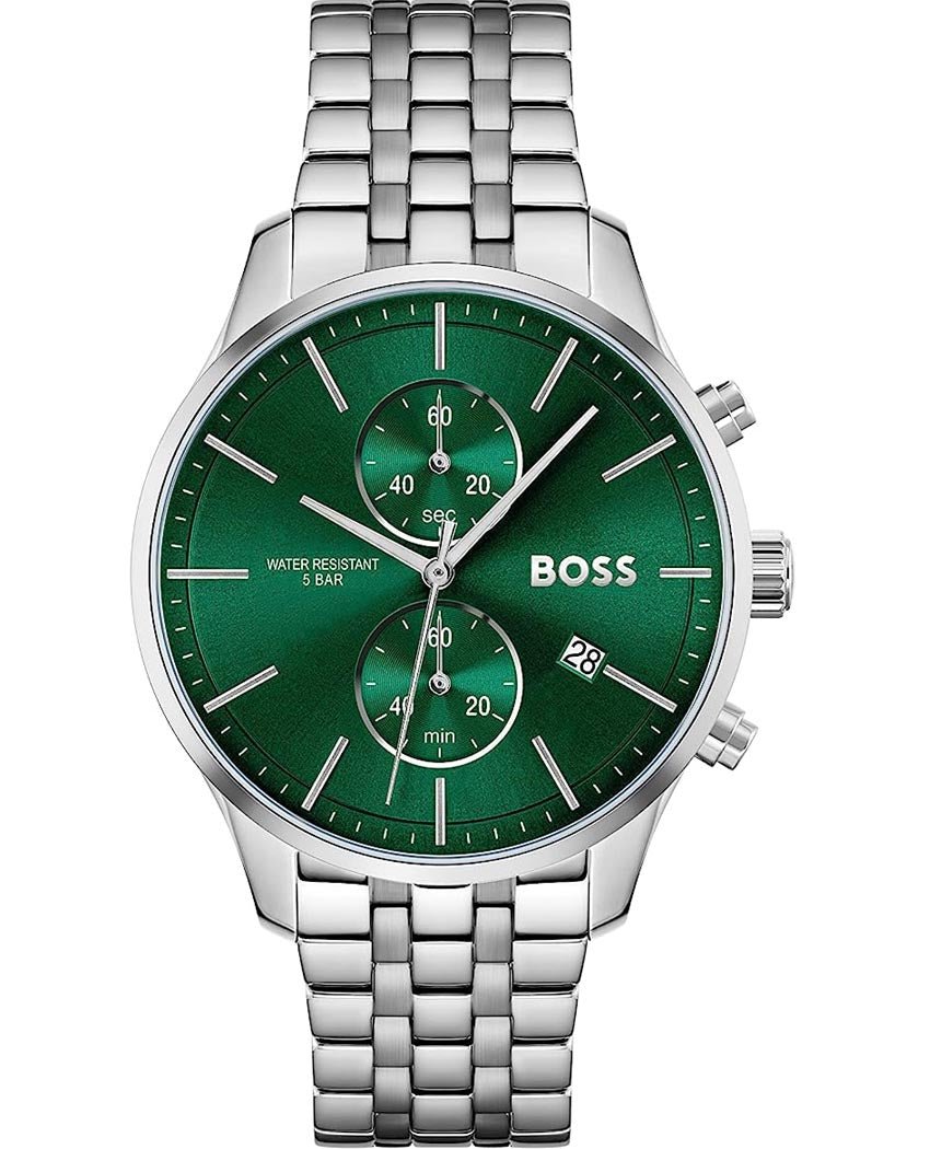 Hugo Boss Associate Chronograph Green Dial Silver Steel Strap Watch for Men - 1513975