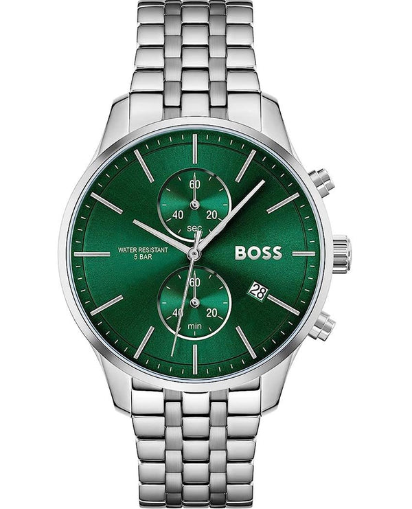 Hugo Boss Associate Chronograph Green Dial Silver Steel Strap Watch for Men - 1513975