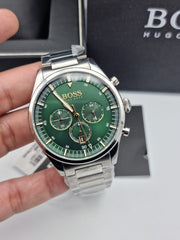 Hugo Boss Pioneer Chronograph Green Dial Silver Steel Strap Watch for Men - 1513868
