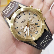 Fossil Nate Chronograph Gold Dial Brown Leather Strap Watch for Men - JR1495