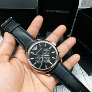Emporio Armani Classic Chronograph Black Dial Black Leather Strap Watch For Men - AR0431
