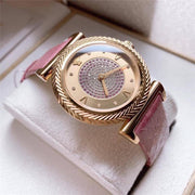 Versace V-Motif Vintage Logo Diamonds Gold Dial Pink Leather Strap Watch for Women - VERE01118