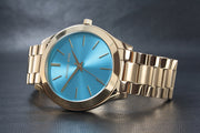 Michael Kors Slim Runway Blue Dial Gold Steel Strap Watch for Women - MK3265