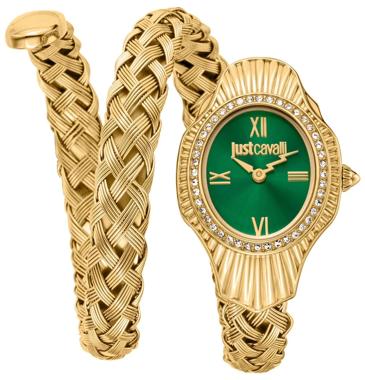 Just Cavalli Twined Green Dial Gold Steel Strap Watch for Women - JC1L305M0035