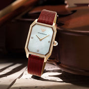 Emporio Armani Gianni T Bar Two-Hand Mother of Pearl Dial Red Leather Strap Watch For Women - AR11467
