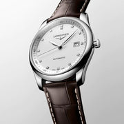 Longines Master Collection Automatic 38.5mm Silver Diamond Dial Brown Leather Strap Watch for Men - L2.755.4.77.3