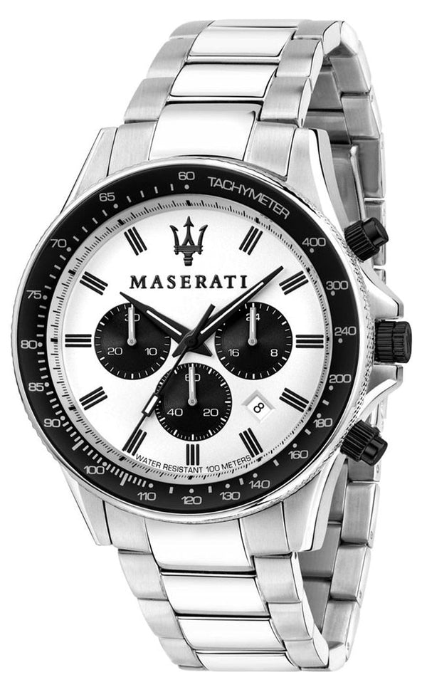 Maserati SFIDA Chronograph White Dial Silver Steel Strap Watch For Men - R8873640003