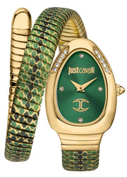 Just Cavalli Pelle Solo Snake Green Dial Three Tone Steel Strap Watch for Women - JC1L251M0035