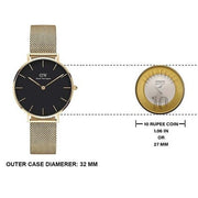 Daniel Wellington Classic Petite Black Dial Gold Mesh Bracelet Watch For Women - DW00100347