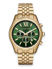 Michael Kors Lexington Chronograph Green Dial Gold Steel Strap Watch for Men - MK8446