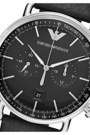 Emporio Armani Aviator Chronograph Black Dial Black Leather Strap Watch For Men - AR11143