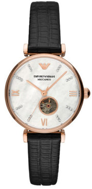 Emporio Armani Meccanico Gianni T Bar Mother of Pearl White Dial Black Leather Strap Watch For Women - AR60047