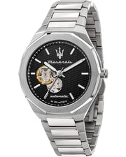 Maserati Stile Skeleton Automatic Black Dial Silver Steel Strap Watch For Men - R8823142002