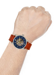 Fossil Commuter Automatic Skeleton Blue Dial Brown Leather Strap Watch for Men - ME3159