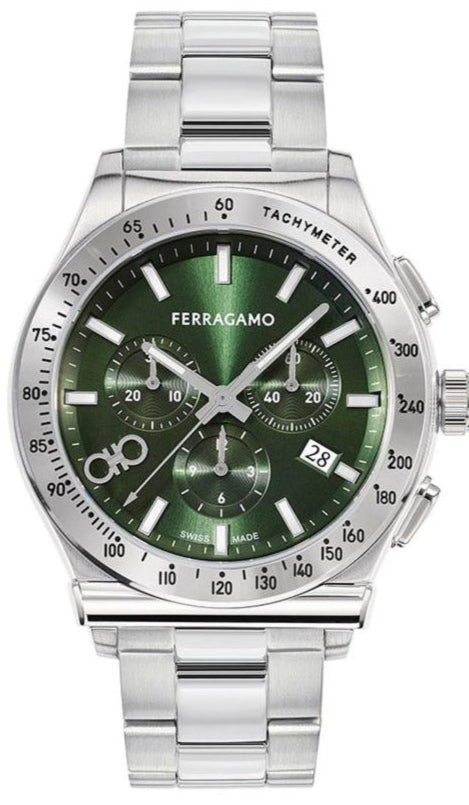 Salvatore Ferragamo 1927 Chrono Green Dial Silver Steel Strap Watch for Men - SFKZ00423