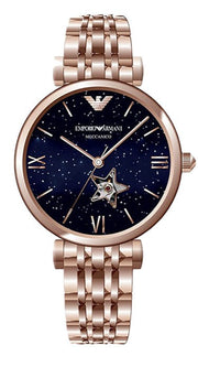 Emporio Armani Meccanico Gianni T Bar Blue Dial Rose Gold Steel Strap Watch For Women - AR60043