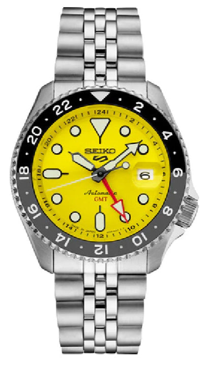 Seiko 5 Sport SKX GMT US Special Creation Automatic Yellow Dial Silver Steel Strap Watch for Men - SSK017K1