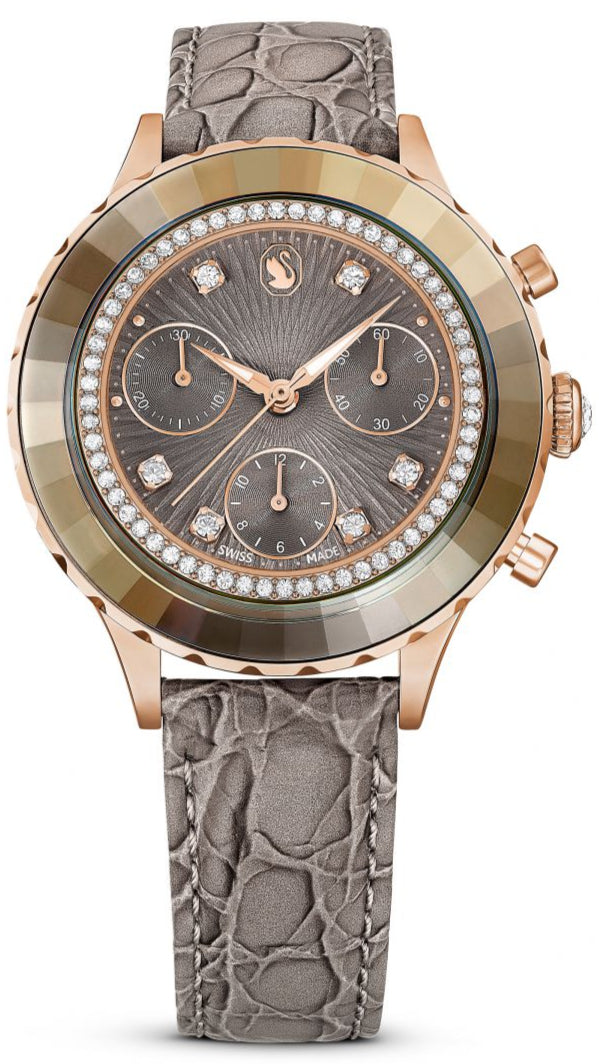 Swarovski Octea Chrono Grey Dial Grey Leather Strap Watch for Women - 5671153
