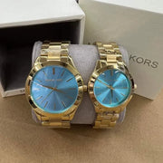 Michael Kors Slim Runway Blue Dial Gold Steel Strap Watch for Women - MK3265