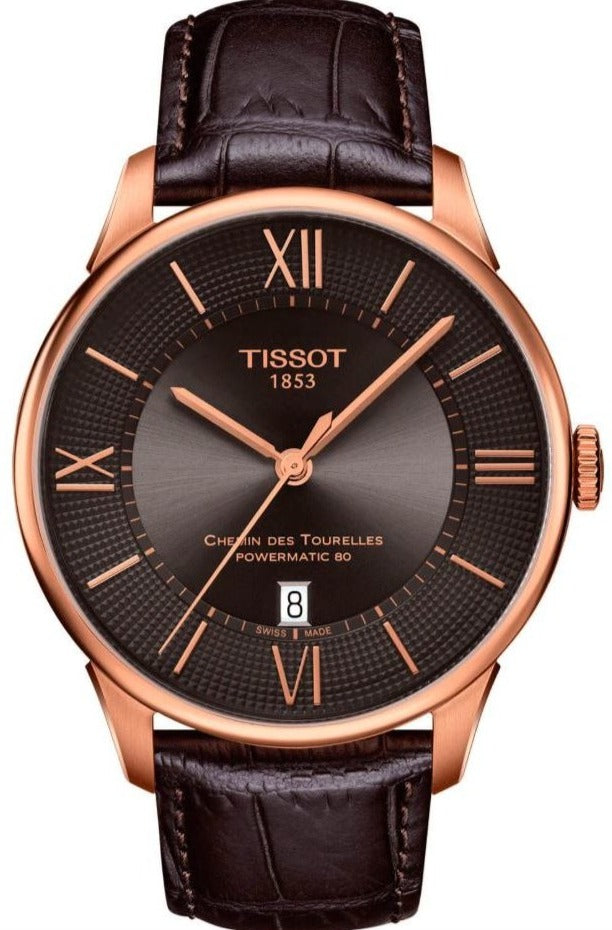 Tissot Chemin des Tourelles Powermatic 80 Brown Dial Brown Leather Strap Watch for Men - T099.407.36.448.00