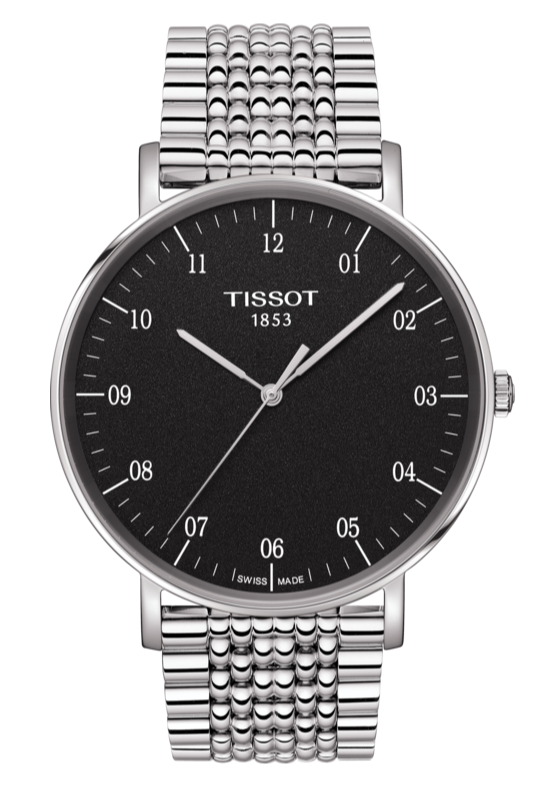 Tissot Everytime Large Black Dial Silver Mesh Bracelet Watch For Men - T109.610.11.077.00