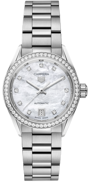 Tag Heuer Carrera Date Diamonds Mother of Pearl Dial Silver Steel Strap Watch for Women - WBN2414.BA0621