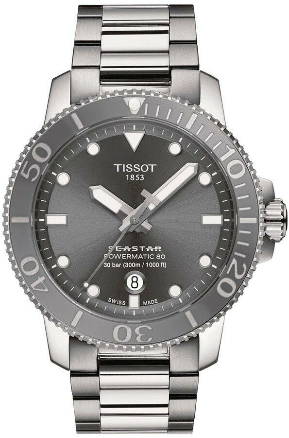 Tissot Seastar 1000 Powermatic 80 Grey Dial Silver Steel Strap Watch for Men - T120.407.11.081.01