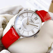 Tissot Chemin Des Tourelles Powermatic 80 Mother of Pearl White Dial Red Leather Strap Watch For Women - T099.207.16.118.00