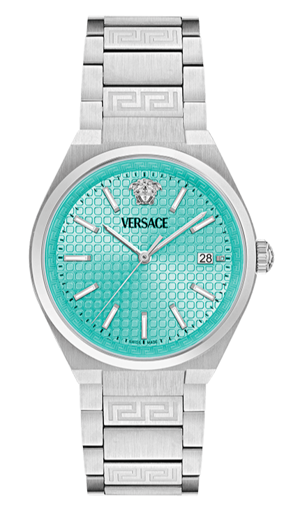 Versace V-Auria Quartz Turquoise Dial Silver Steel Strap Watch for Women - VE0F00225