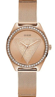 Guess Tri Glitz Quartz Diamonds Rose Gold Dial Rose Gold Mesh Bracelet Watch For Women - W1142L4