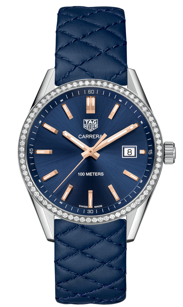 Tag Heuer Carrera Quartz Diamonds Blue Dial Blue Leather Strap Watch for Women - WAR1114.FC6391