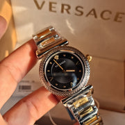 Versace V-Motif Black Dial Two Tone Steel Strap Watch for Women - VERE00518